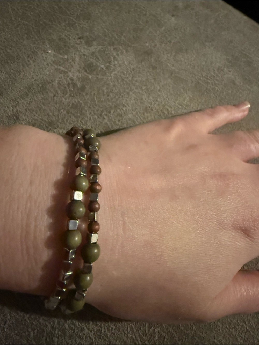 Olive Green Beaded Stretch Bracelet Set - Unbranded